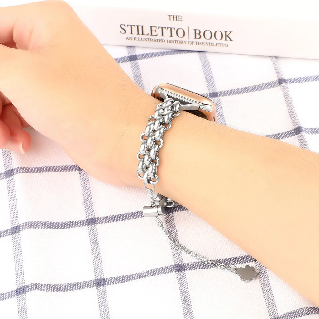 Stainless steel double row chain watch band for Apple Watch in black, silver, gold, rose gold, sport style
