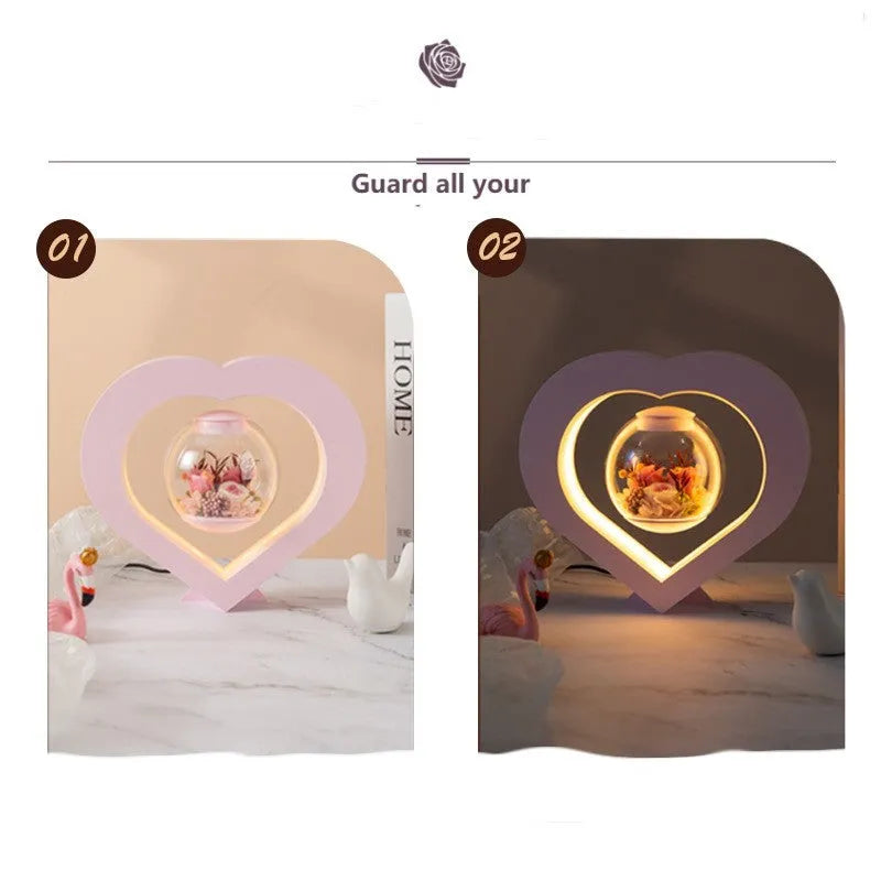 Pink preserved rose ornament with LED lights and optional audio Bluetooth base for birthday Valentine gifts