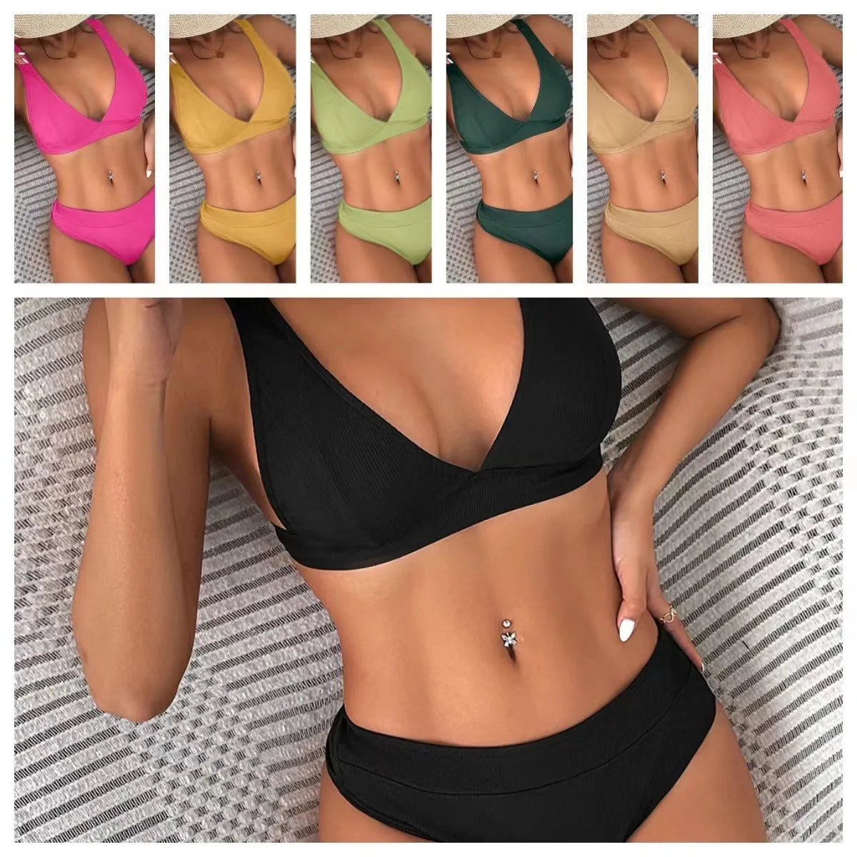 Women's black bikini with lace-up front and high-waisted split bottom.