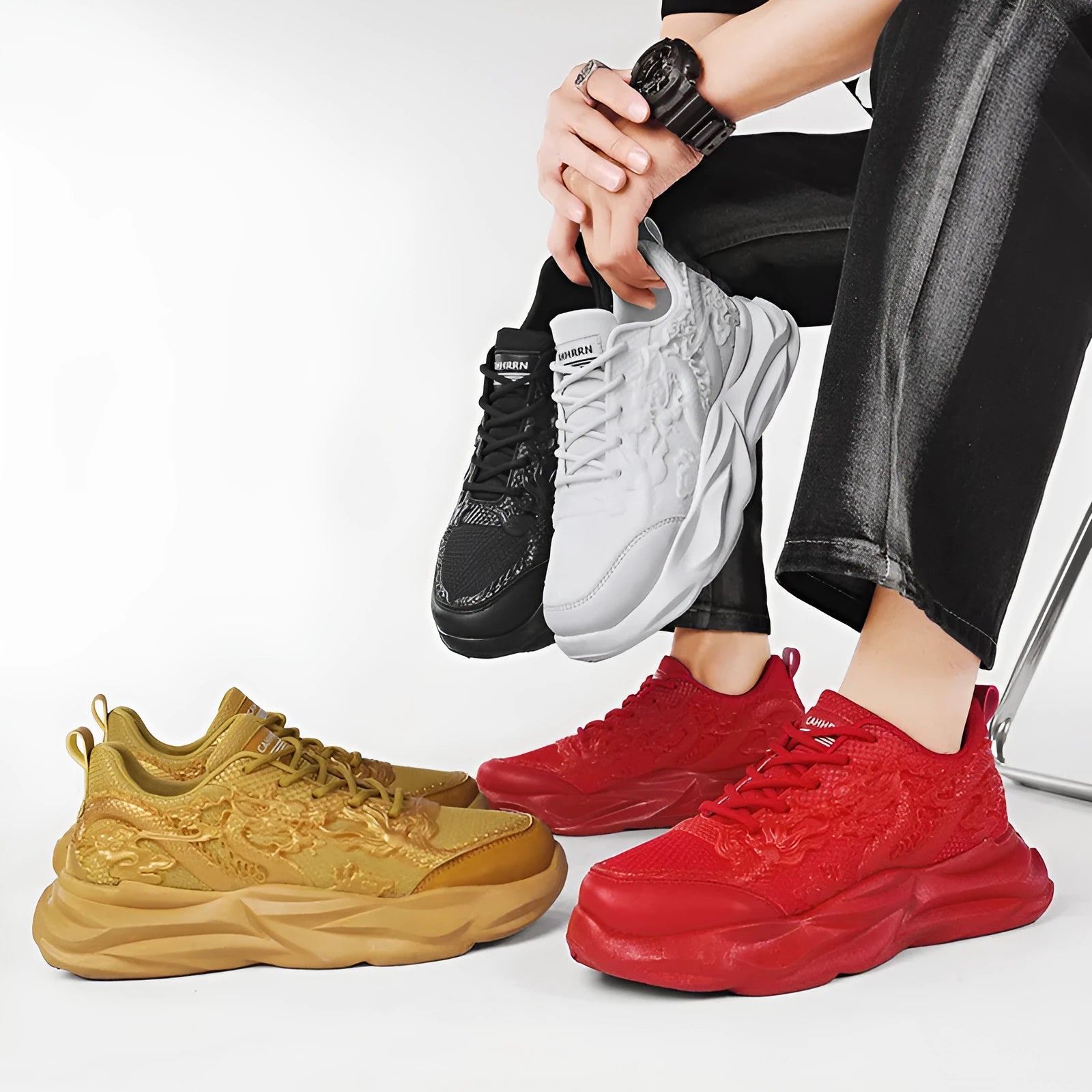 Men's casual fly knit sneakers with Chinese dragon design and rubber soles