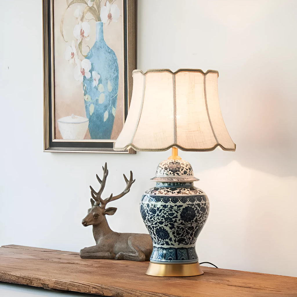 Blue and white porcelain Chinese table lamp with ceramic base and cloth shade