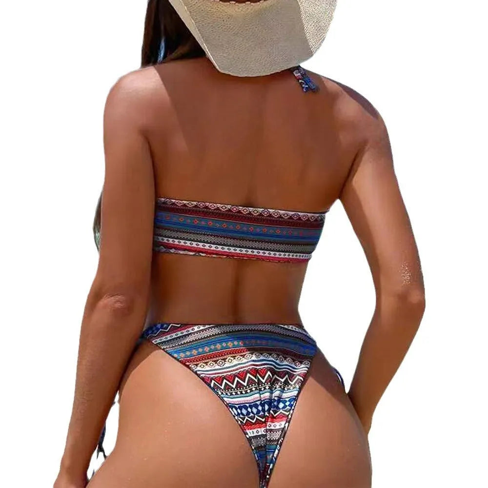 Women's halter-neck bikini swimsuit with brief bottoms in polyester fabric