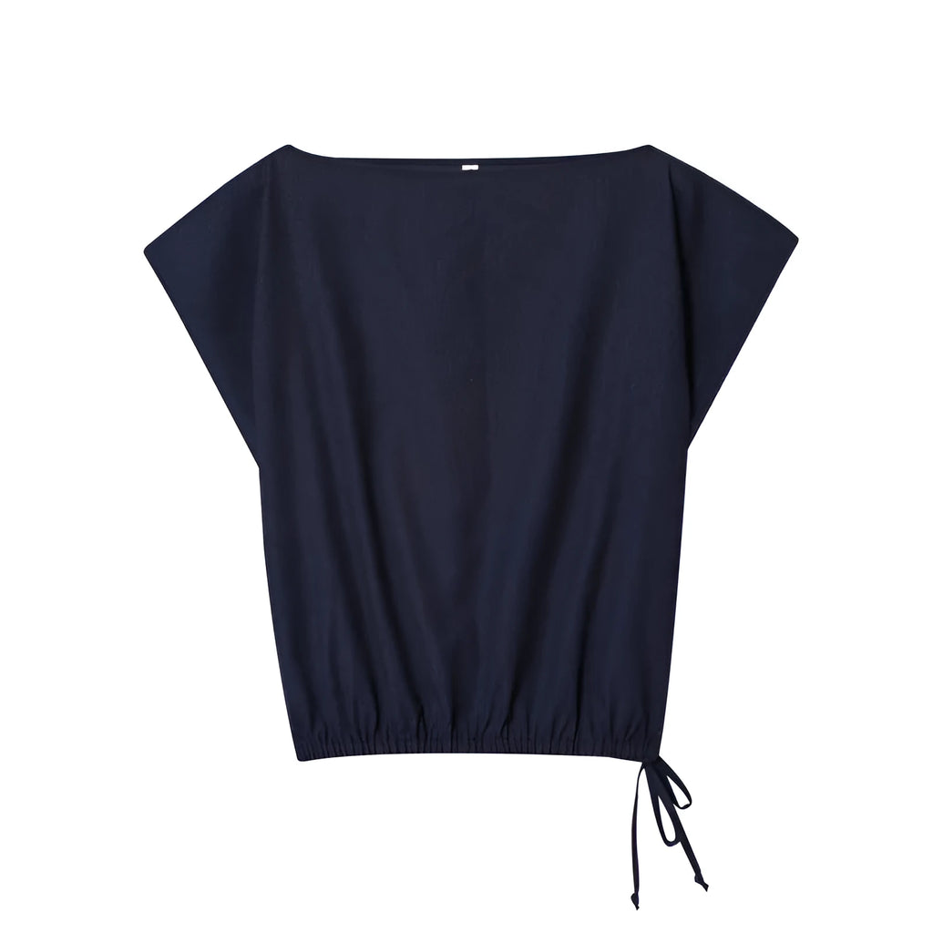Women's linen blend off-shoulder flounced sleeve top with matching wide leg trousers suit
