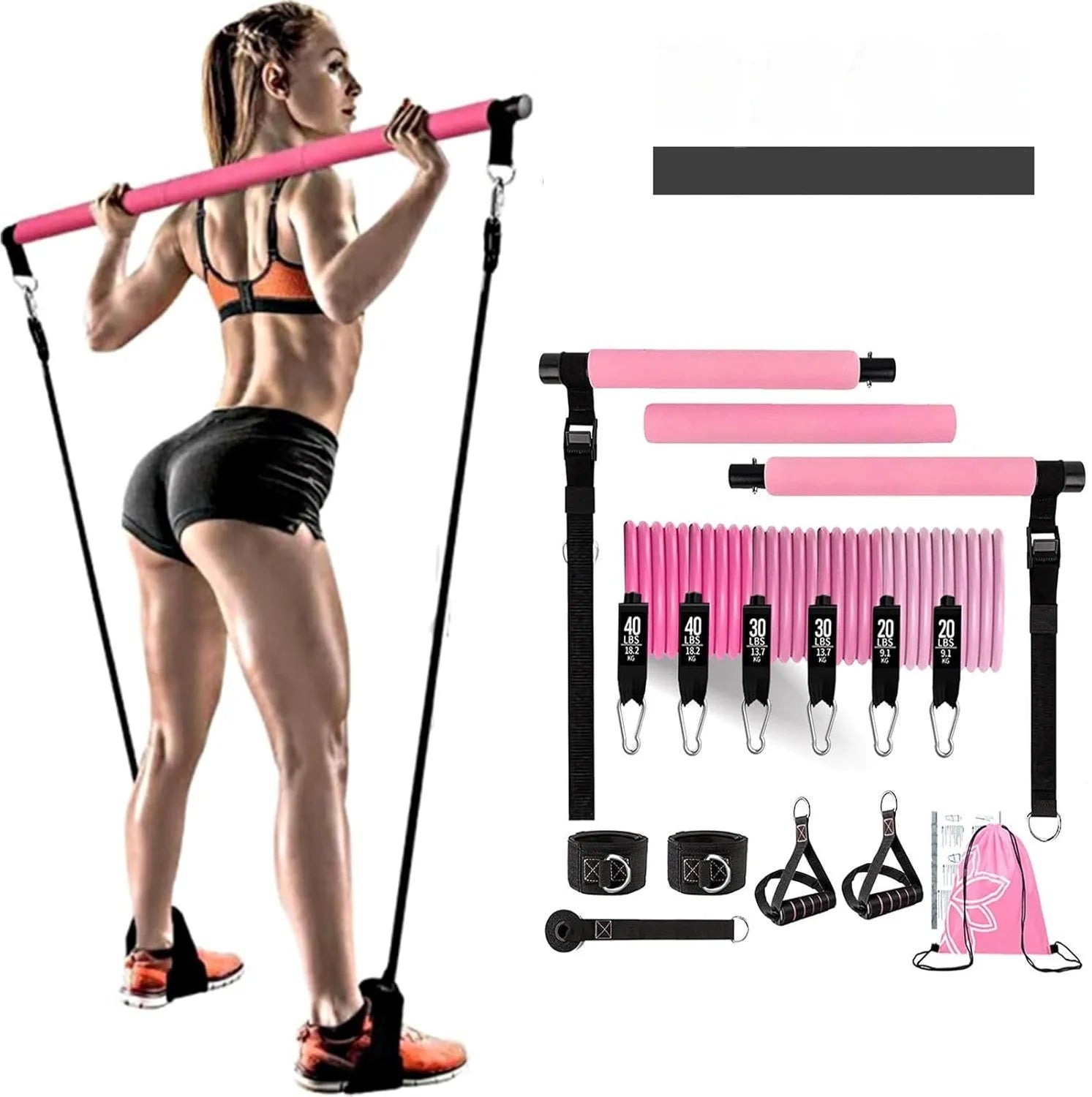 Yoga gymnastic bar with 180 pounds resistance band set in black and pink TPE material