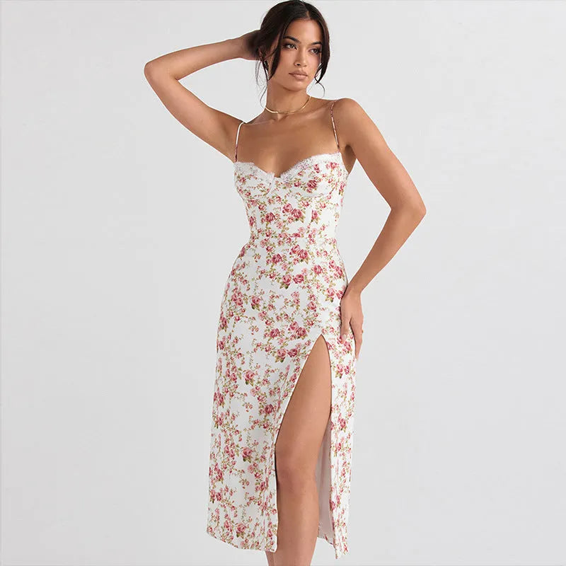 Women's lace flowers print long dress with suspender straps and side slit in solid colour