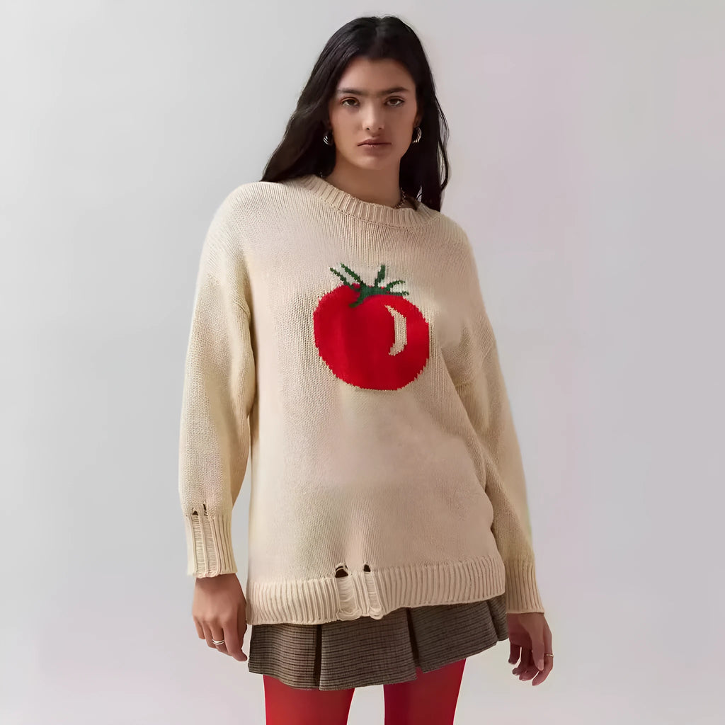 Women's milky white acrylic Jacquard knit pullover sweater with a loose fit and round neck