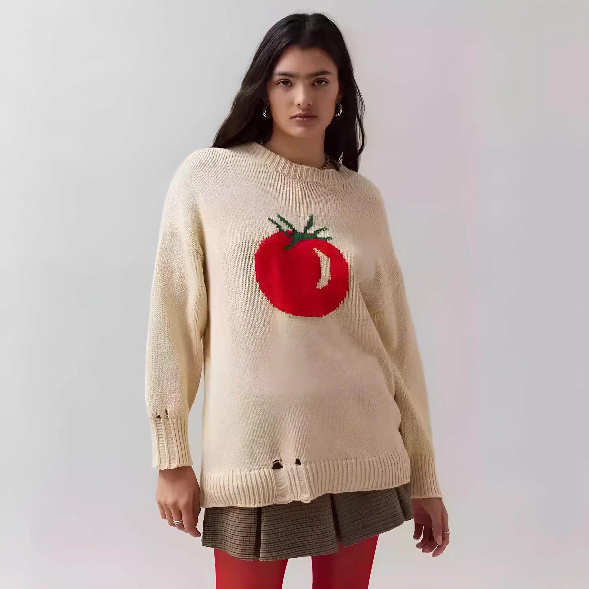 Women's milky white acrylic Jacquard knit pullover sweater with a loose fit and round neck
