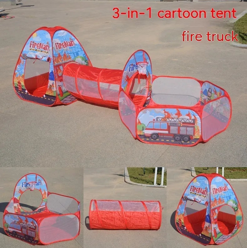 Children's three-in-one indoor play tent set with cartoon submarine design, featuring a tent, play tunnel, and ball pool.