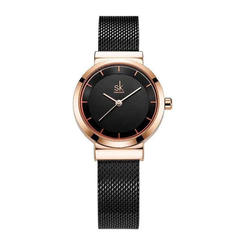 Stainless steel women's watch with round dial, 30mm thickness, and mineral glass mirror on a white background