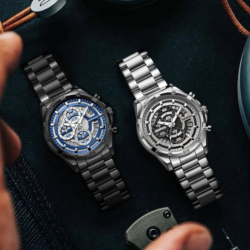 Men's waterproof quartz watch with luminous hands and steel bracelet in three colour variations