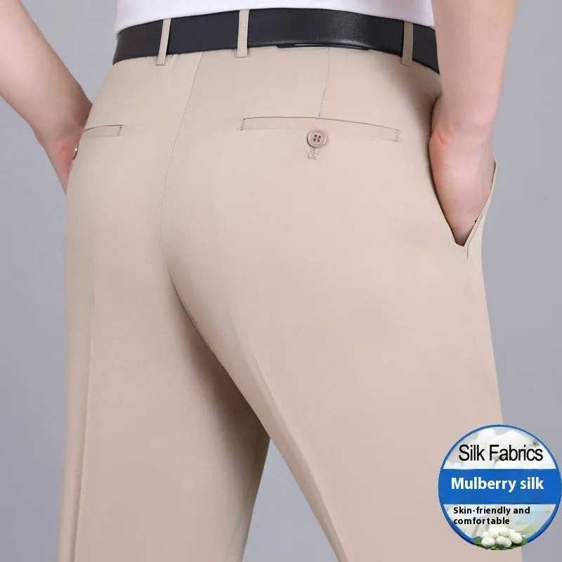 Men's non-iron mulberry silk blend business trousers in straight leg cut with high waist
