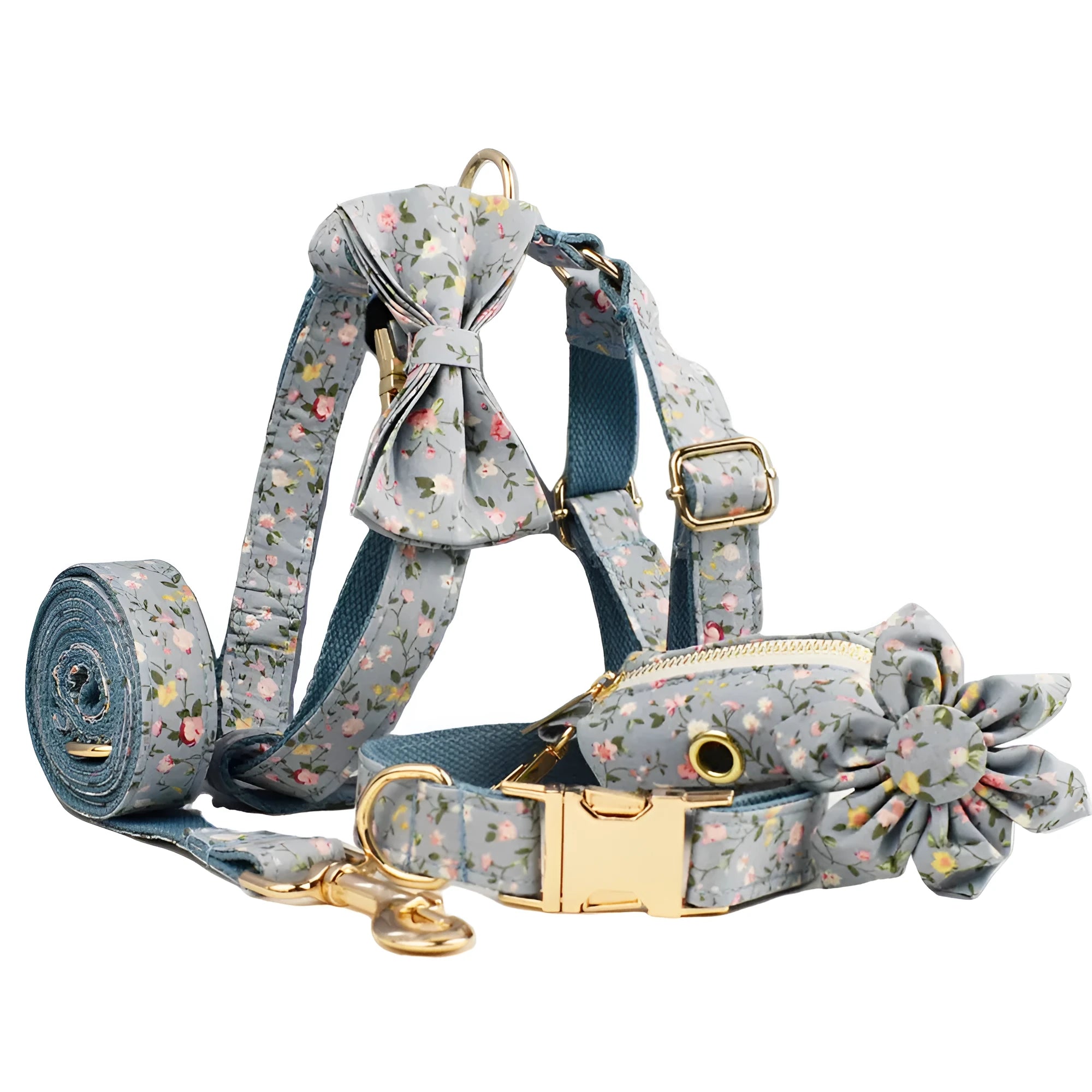 Floral dog collar set with matching leash, vest, and bow accessories in polyester cotton cloth