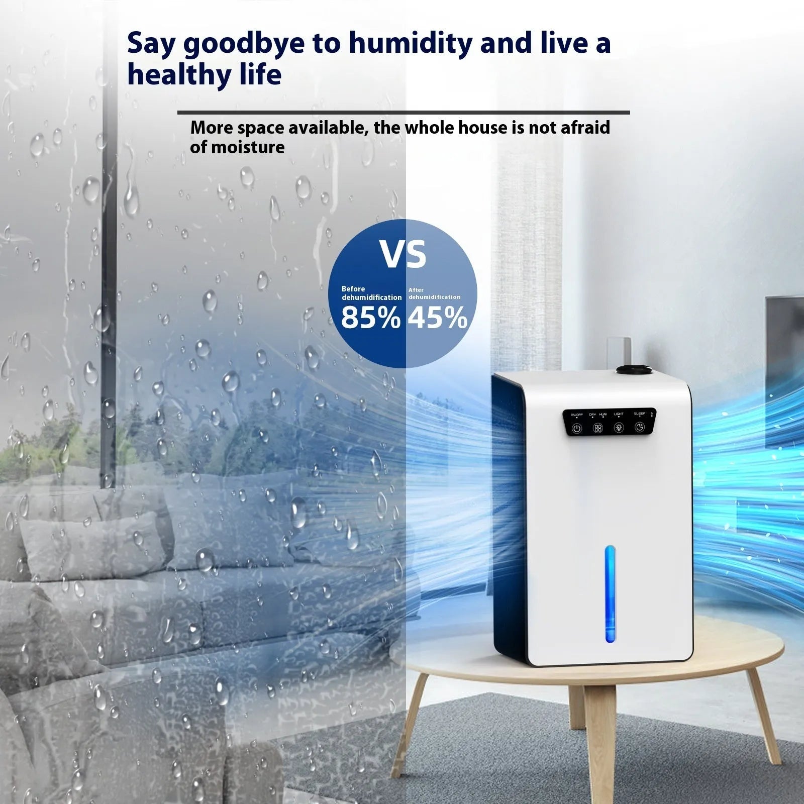 Milky white compact household dehumidifier with water reservoir tank on a bedroom floor.