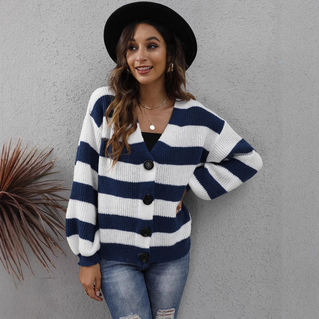 Women's striped cardigan sweater in deer plush polyester fabric with button stitching detail