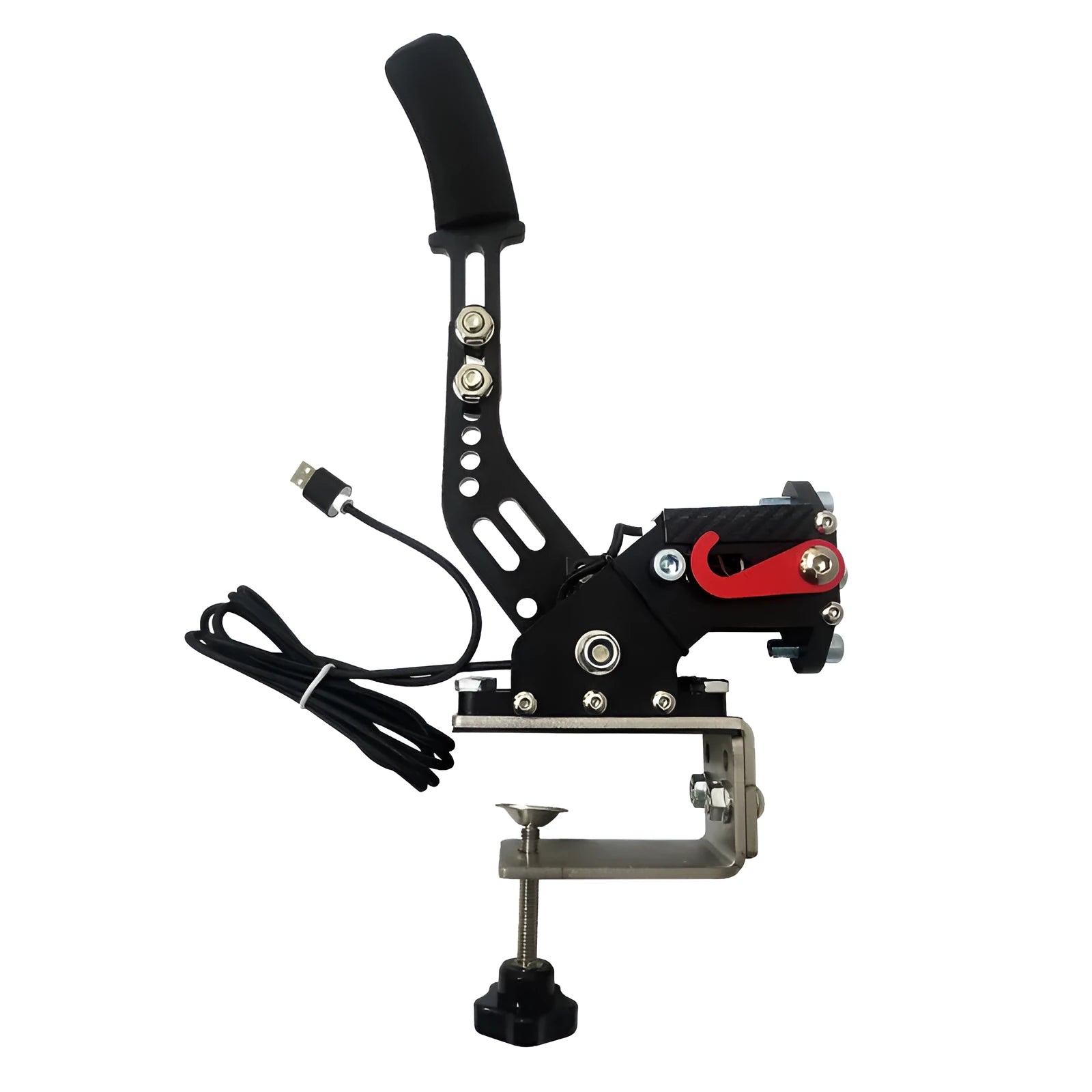 USB racing game handbrake with mounting clamp in five colour options: black, blue, purple, red, yellow