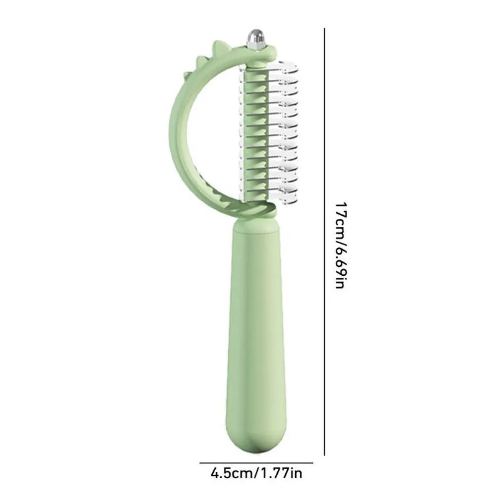 Blue dinosaur-shaped self-cleaning pet grooming brush with double-sided stainless steel pins on a white background.