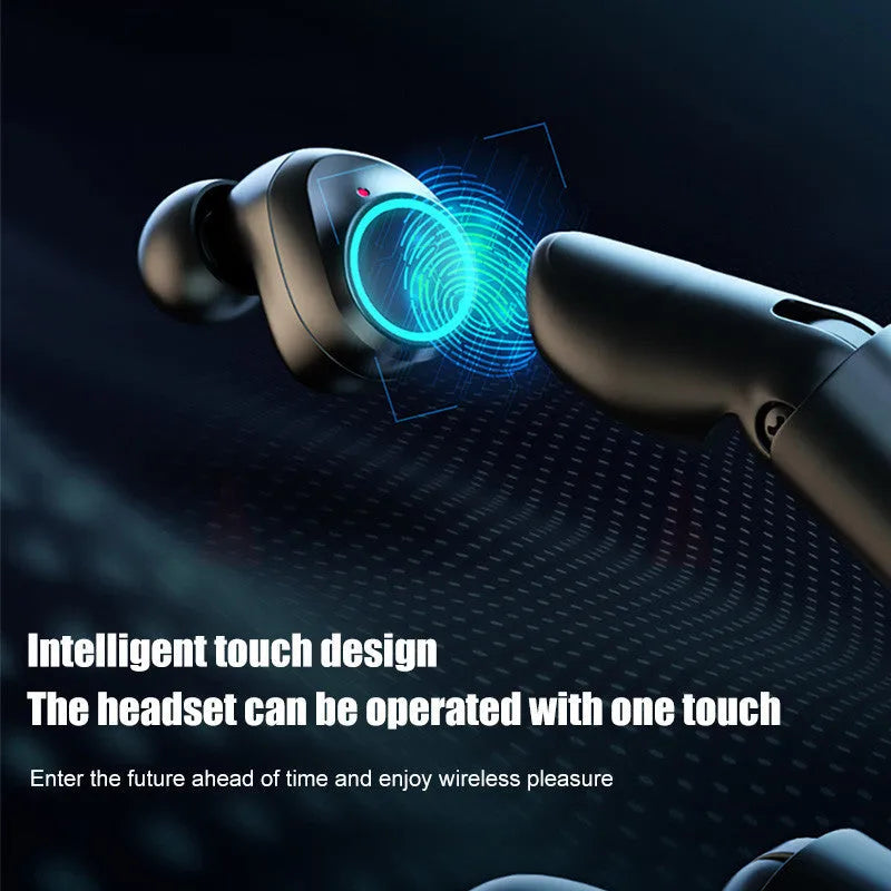 Black Bluetooth gaming headset with charging case showing earplug design and NFC logo