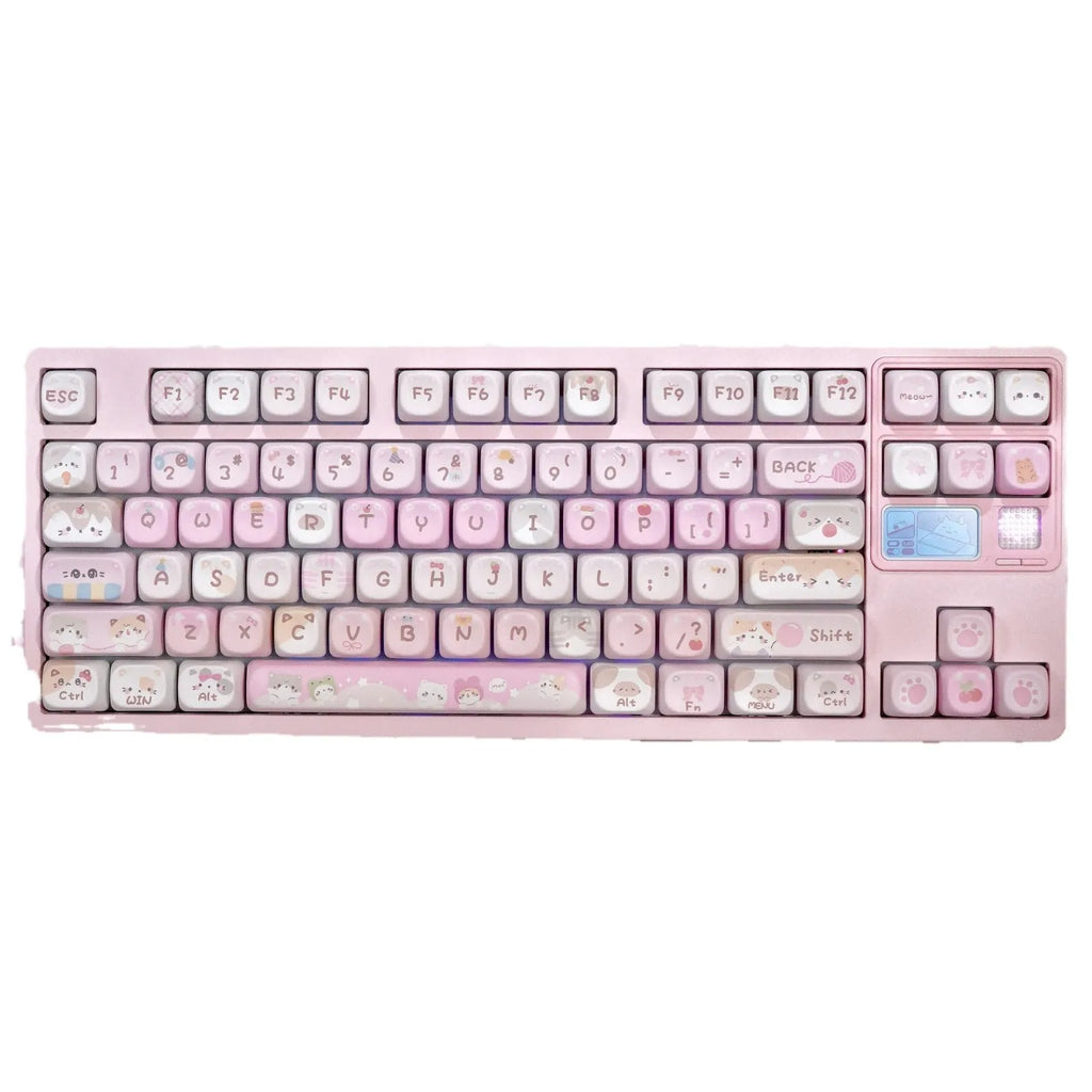 Set of pink cartoon character keycaps for mechanical keyboards with design on all sides.