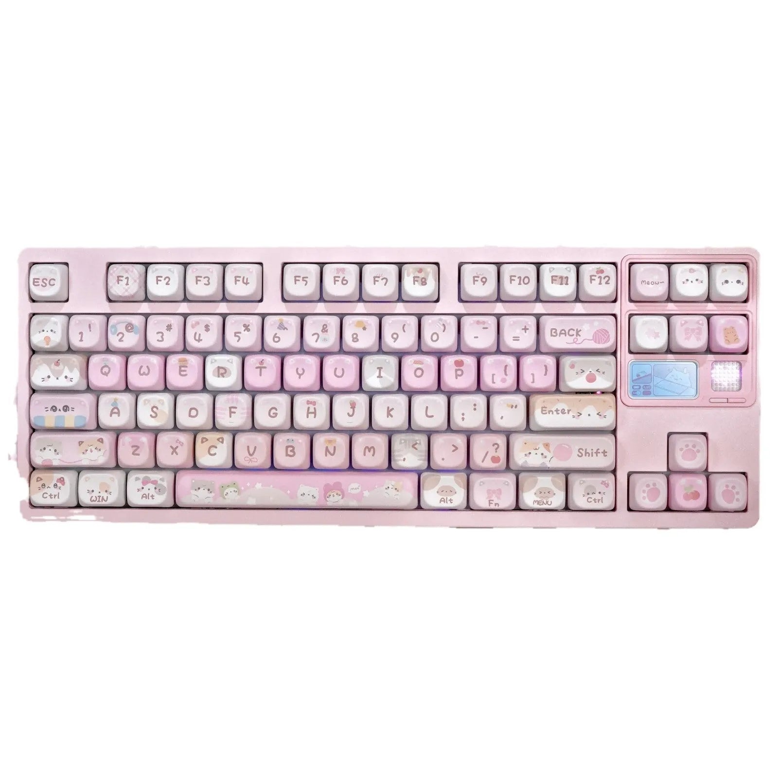 Set of pink cartoon character keycaps for mechanical keyboards with design on all sides.