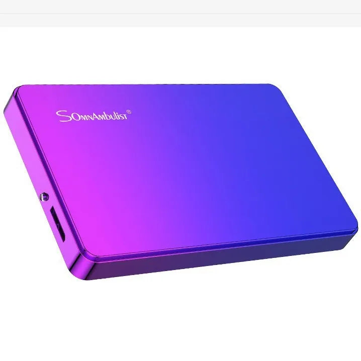 Purple plastic external hard disk with USB cable and leather bag packaging