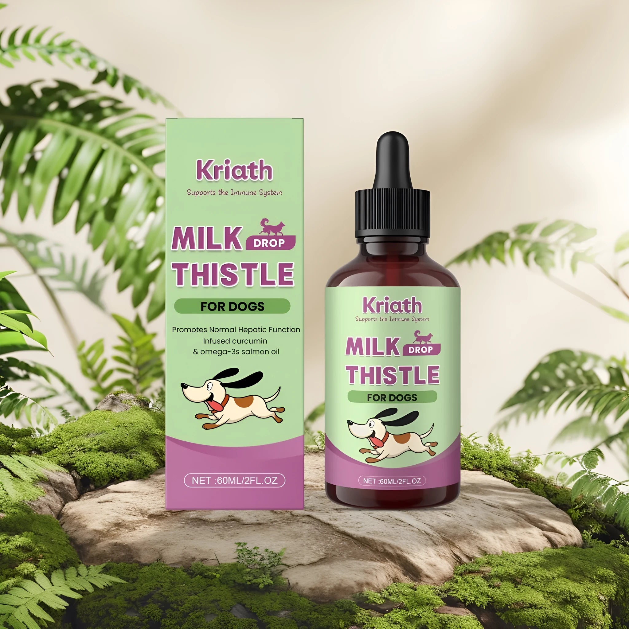 60ml bottle of dog liquid supplement with milk thistle and turmeric extracts