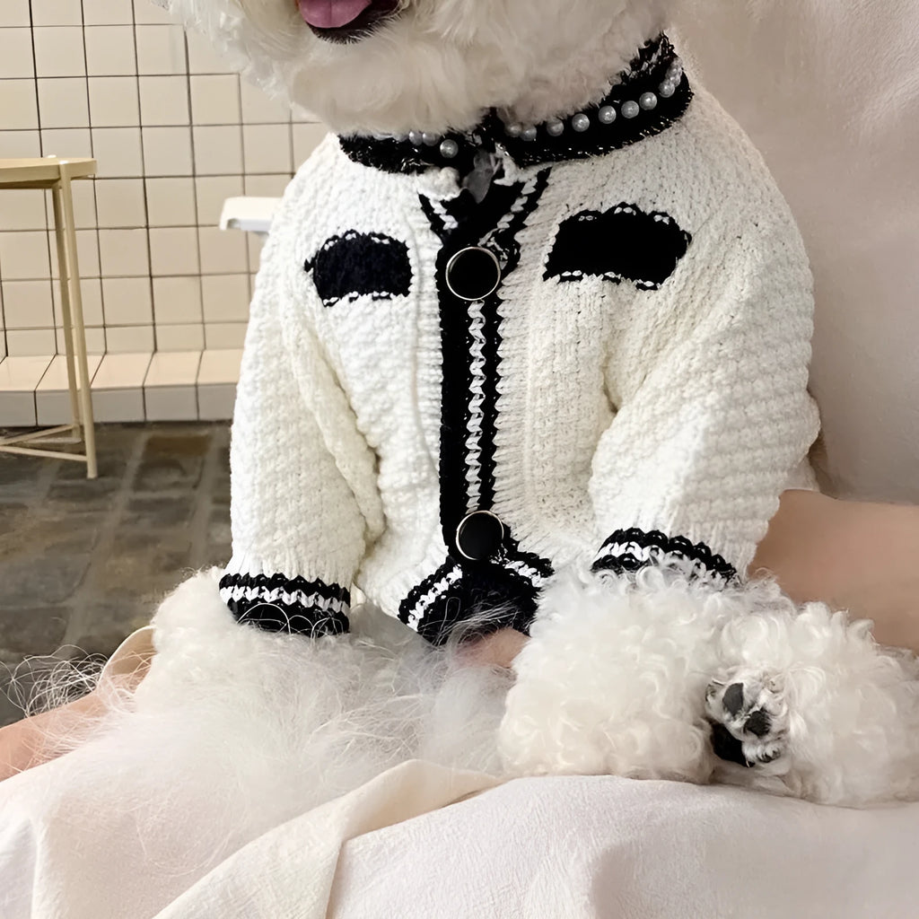 Korean style puppy sweater with pearl collar in white or black colour for small dogs