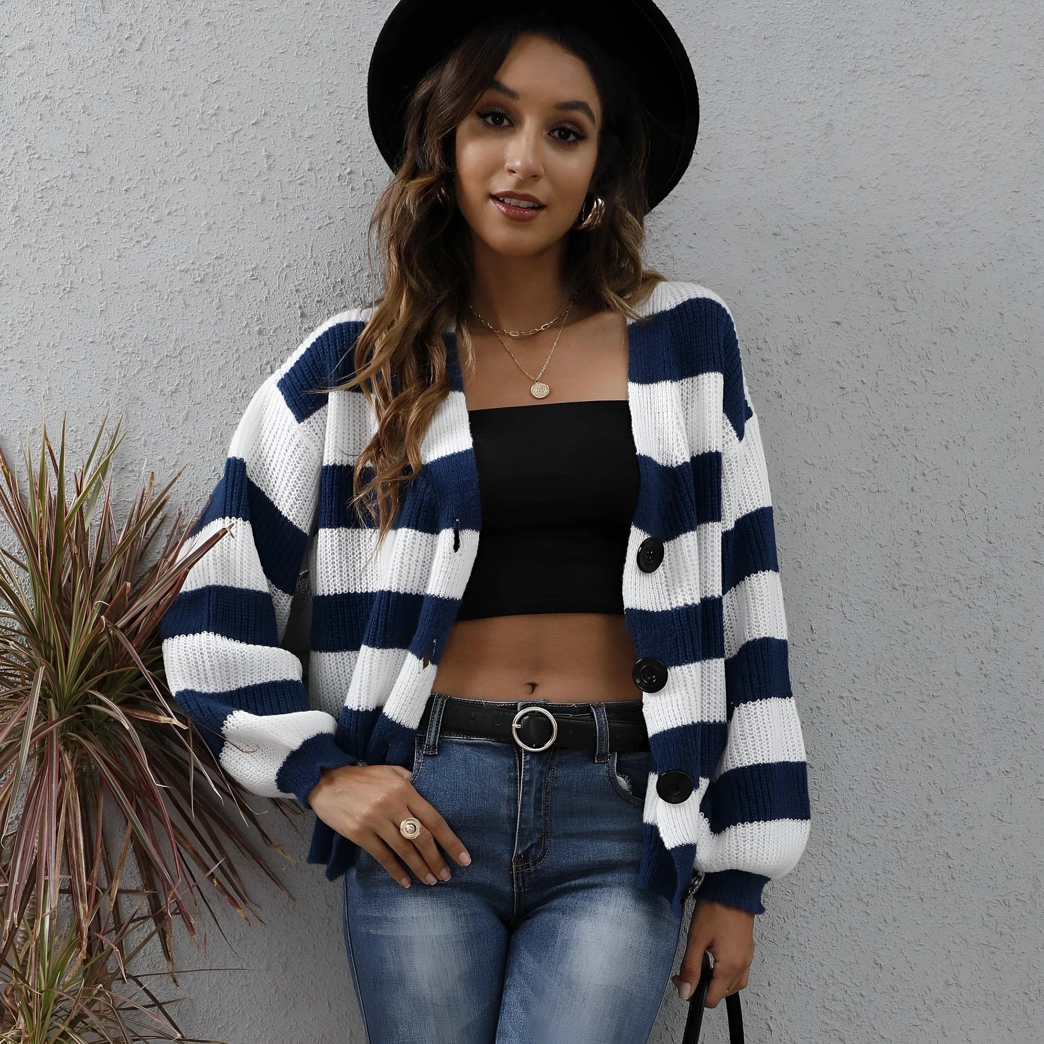 Women's striped cardigan sweater in deer plush polyester fabric with button stitching detail