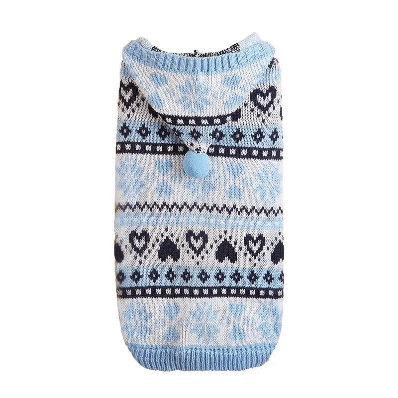 Acrylic knitted dog sweater with snowflake stripes in pink on small white dog