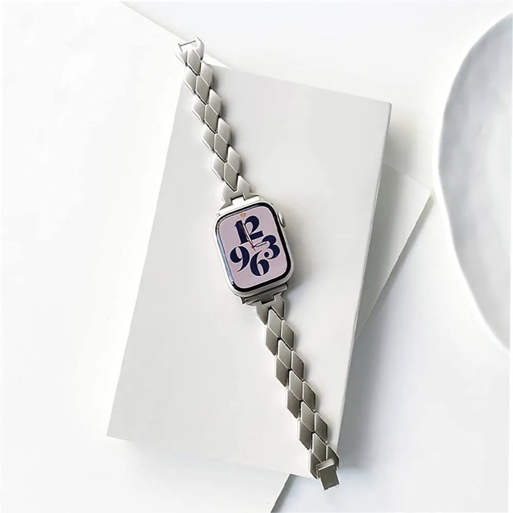 Metal chain steel band diamond strap for Apple Watch in silver colour on a white background