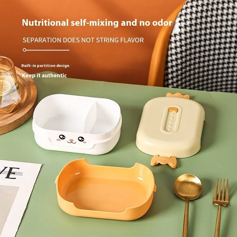 Square plastic divided lunch box with 301-500ml capacity showing compartment separation