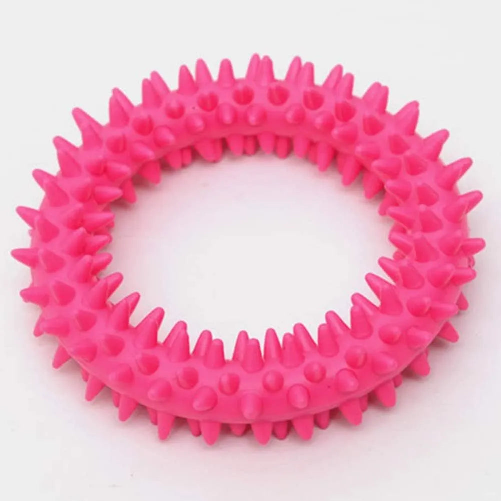 Blue spiky TPR ring dog chew toy for dental cleaning on a white background