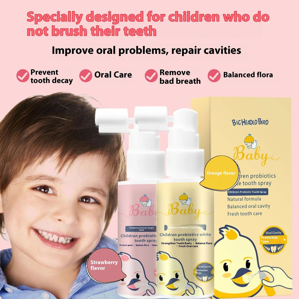 Children's probiotic teeth cleaning spray bottle in strawberry and orange flavours