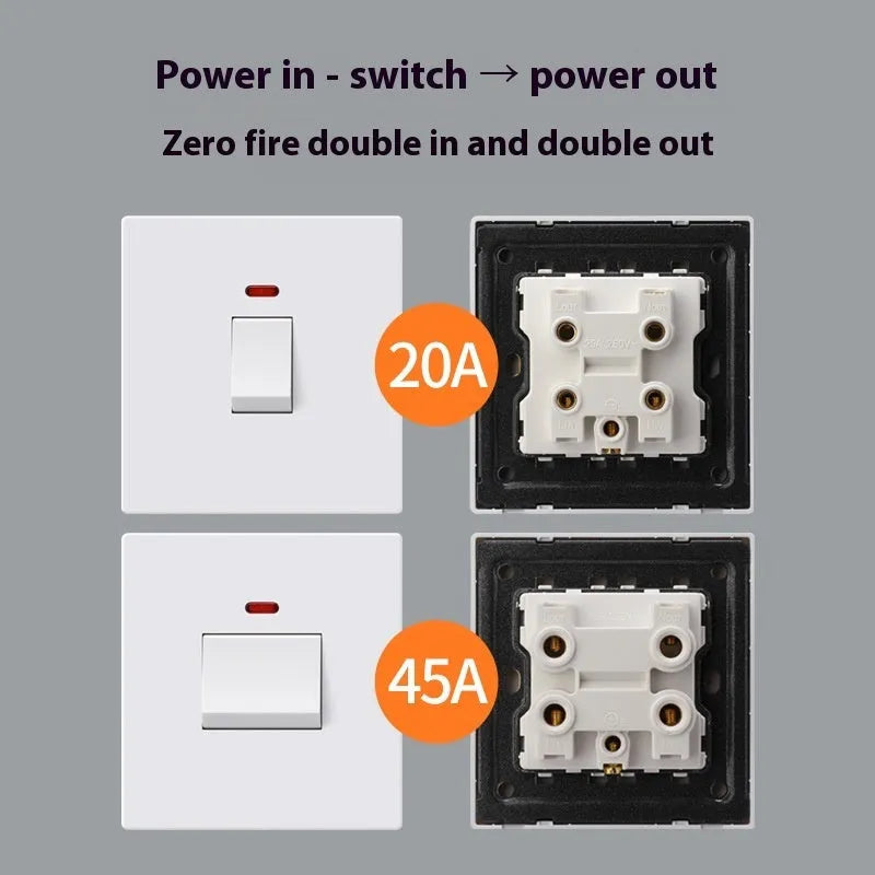 High current water heater switch with light panel in gold, gray, or white finish