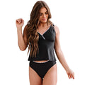 Black women's nylon bikini swimsuit set with sleeveless design on size chart