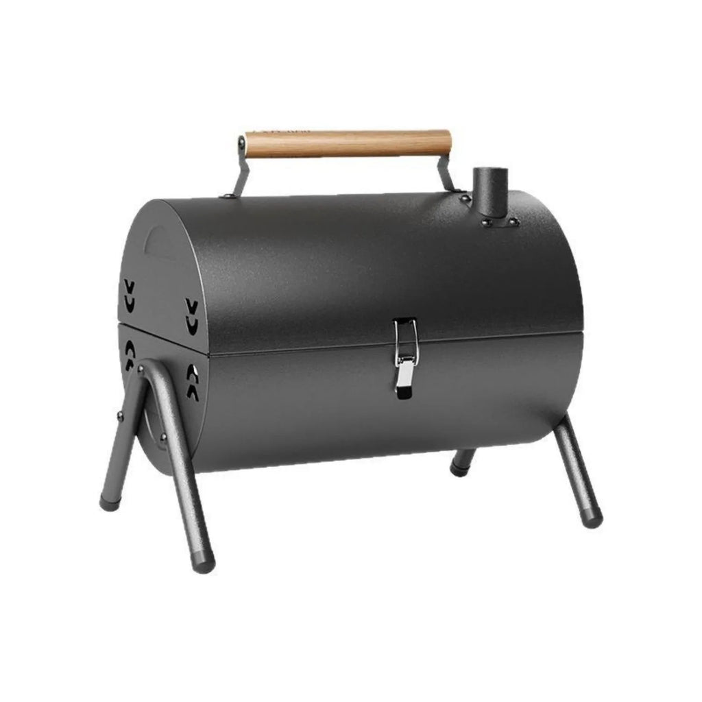 White portable round chimney oven grill with frying and baking capabilities, carbon tanks, and mesh inserts