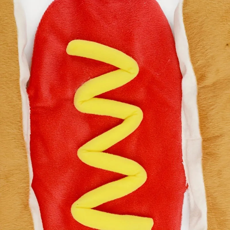 Dog wearing a brown hot dog costume with adjustable belly strap, suitable for dachshunds and small breeds