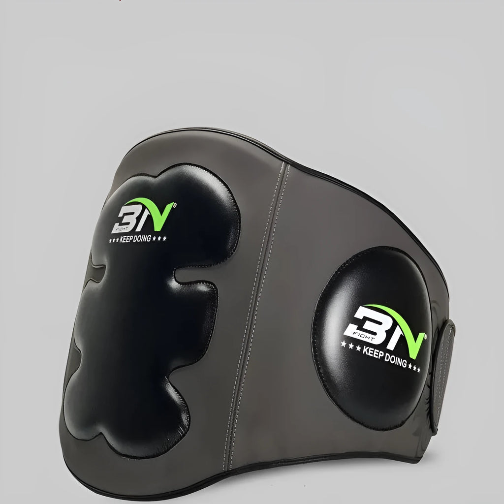 Sanda boxing breast protection target showing waist area protective gear in dark grey colour