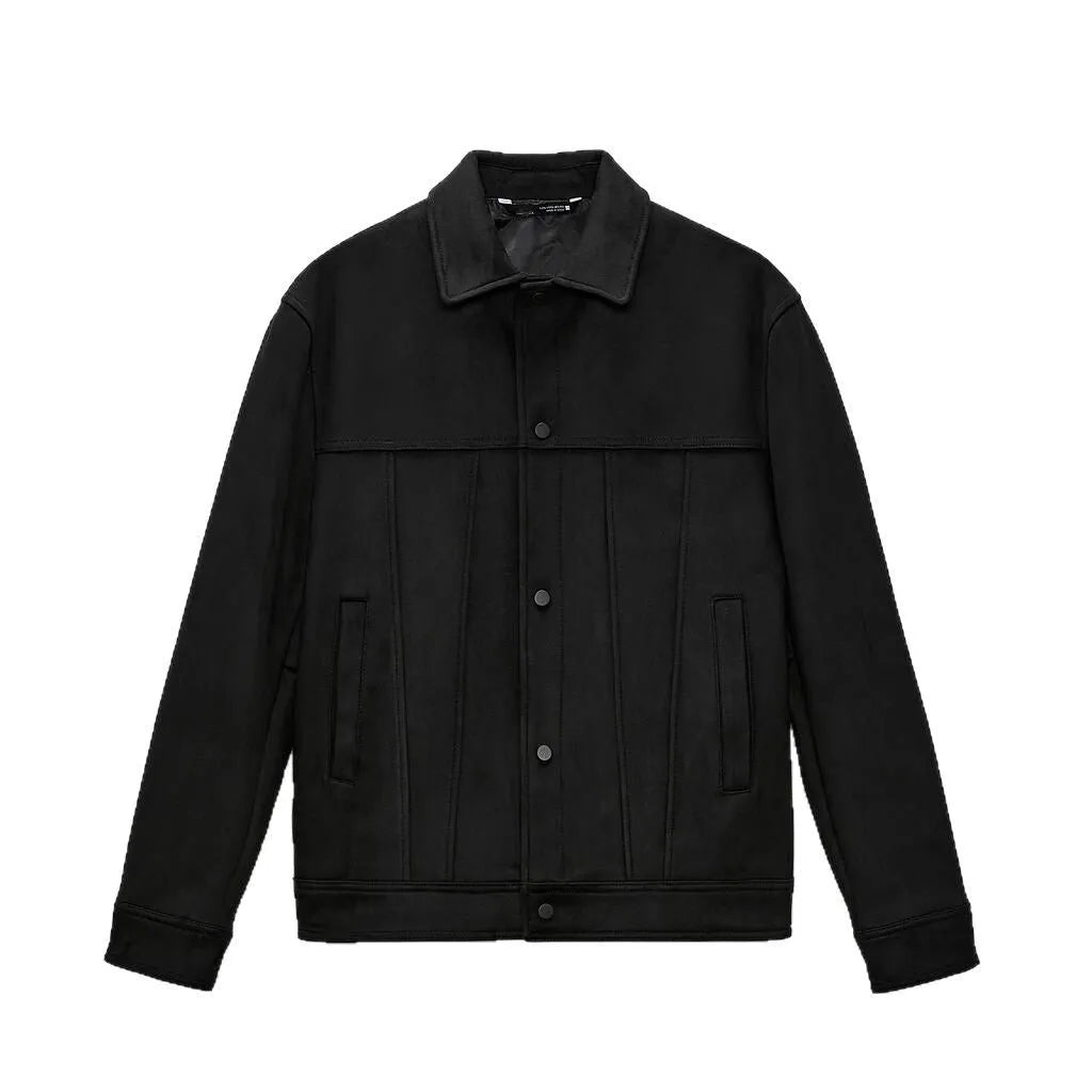 Black men's hooded jacket with suede collar, side pockets, and straight hem design