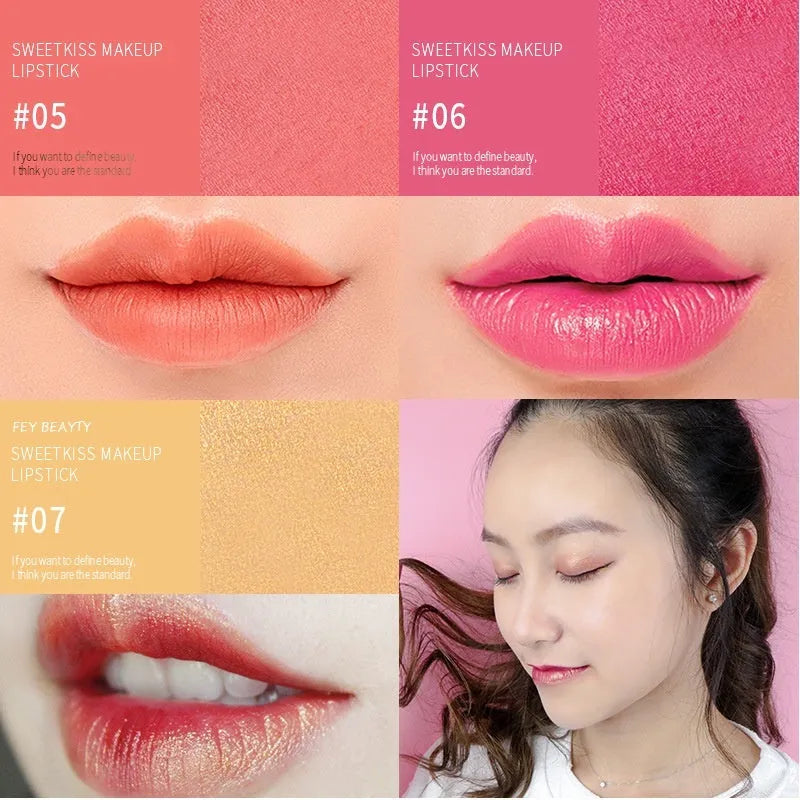 Fey Beauty Cameo Brown Nude Lipstick bullet and packaging showing non-staining, moisturising formula.
