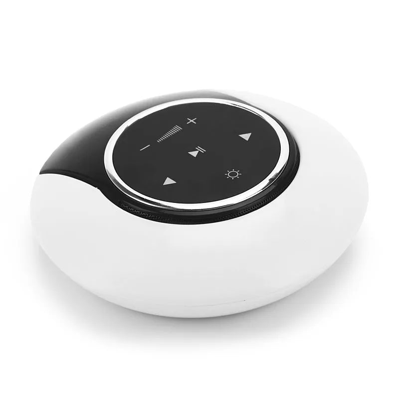 Folding Bluetooth speaker desk lamp with touch controls showing white, yellow, and blue LED lighting options