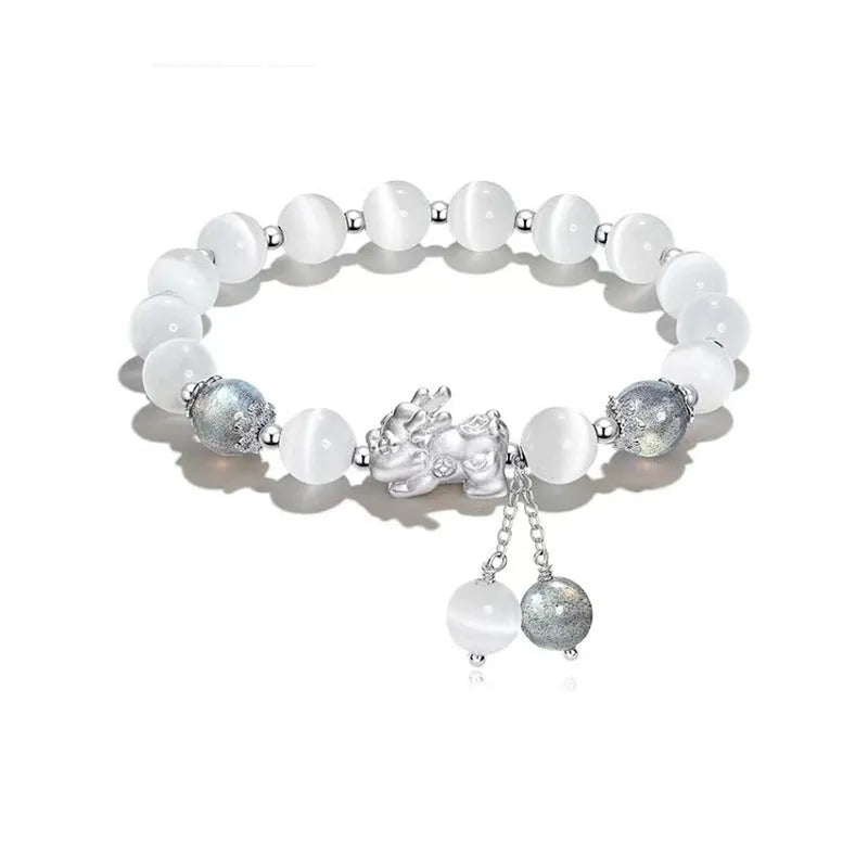 Handcrafted couple bracelet in natural black agate and opal grey with 10mm wave-shaped beads