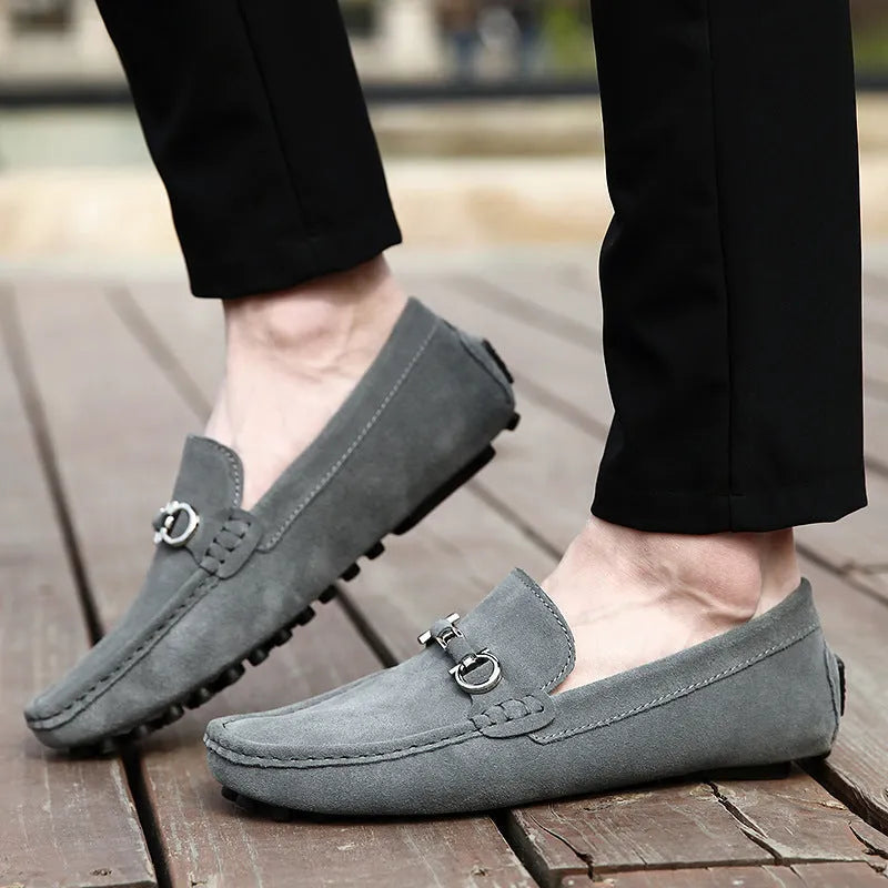 Men's black slip-on cowhide leather shoes with square toe and decorative stitching