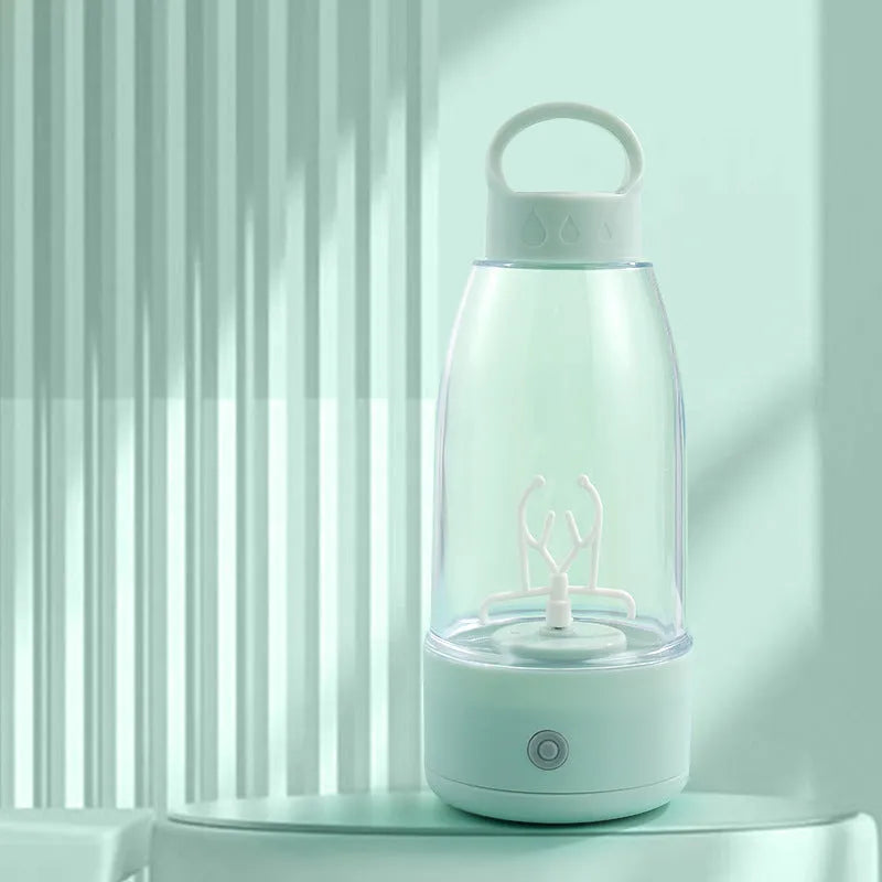 Automatic electric shaker bottle in green, pink, or white with USB charging port and handle.