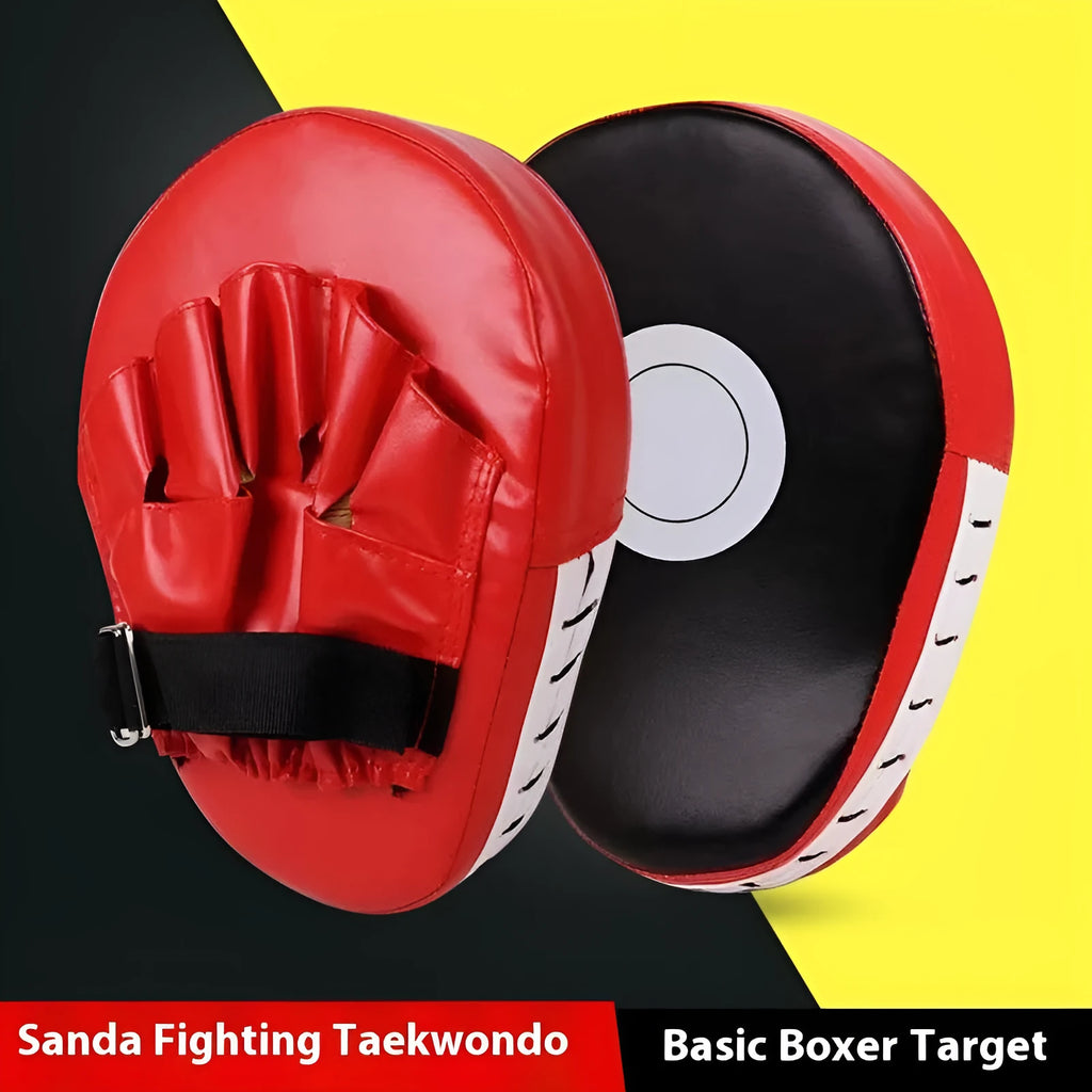 Boxing punch mitts for martial arts training in curved and flat designs with multiple colour options.