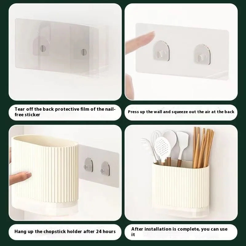 Plastic wall-hanging chopsticks holder tube in kitchen with utensils