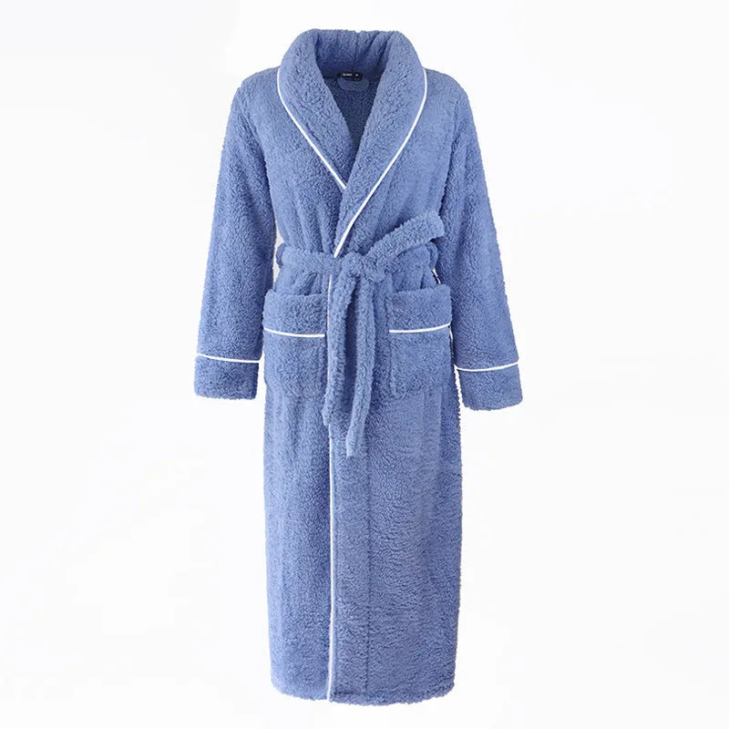 Winter bathrobe in thick polyester flannel fabric showing colour options and plus size fit for cold weather sleepwear