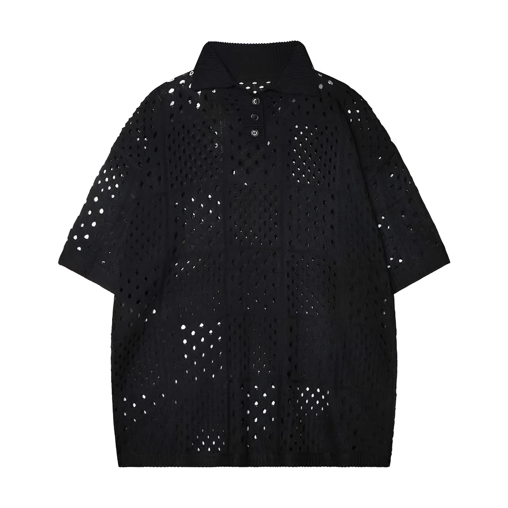 Black polyester blend short-sleeved polo shirt with cardigan style for teenage casual wear