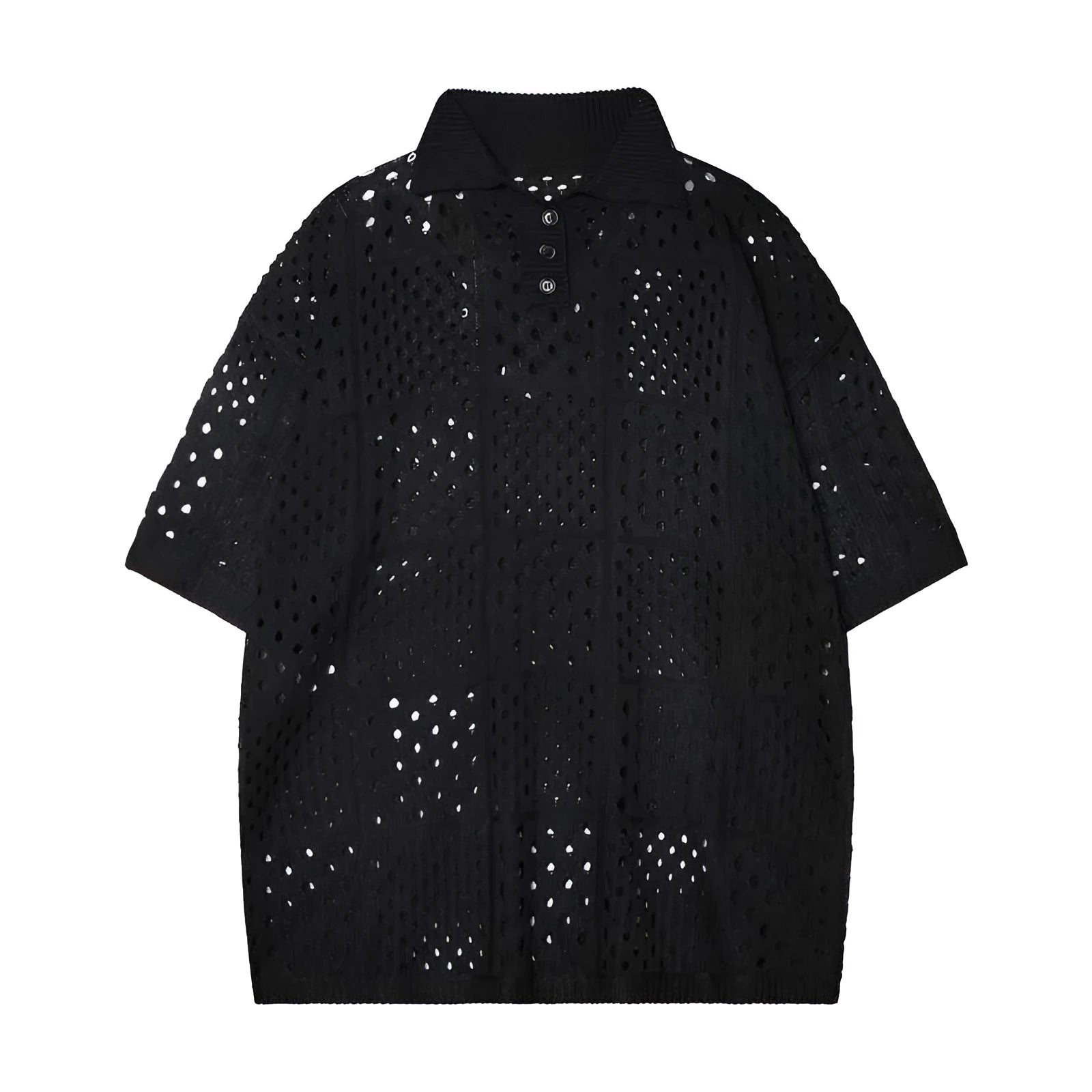 Black polyester blend short-sleeved polo shirt with cardigan style for teenage casual wear