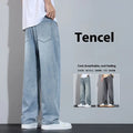 Straight-leg casual trousers in thin ice silk denim fabric shown in UK2560 blue colour.