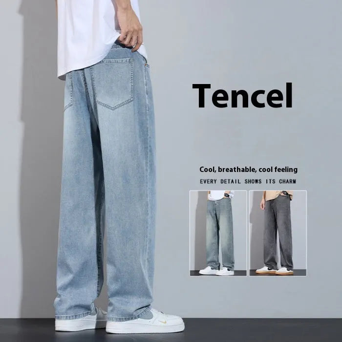 Straight-leg casual trousers in thin ice silk denim fabric shown in UK2560 blue colour.